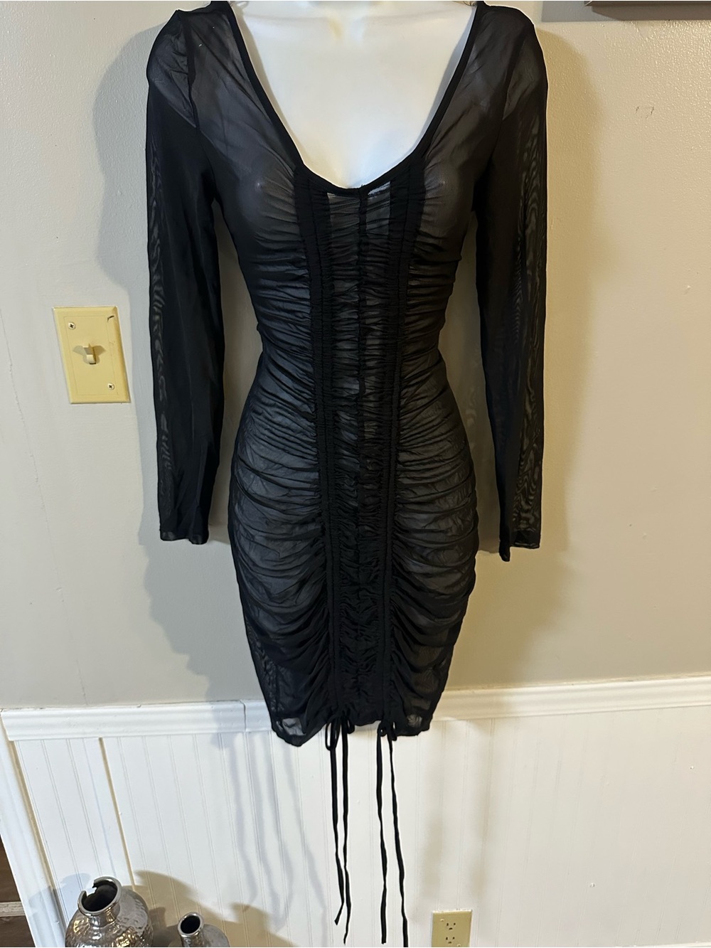 Fashion Nova Black Ruched Sheer Bodycon Mini Dress